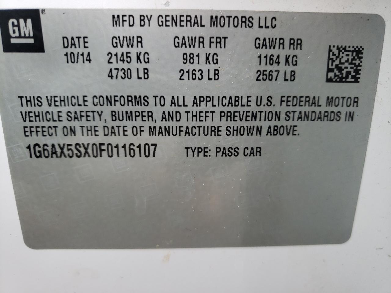 2015 Cadillac Cts Luxury Collection VIN: 1G6AX5SX0F0116107 Lot: 90515205