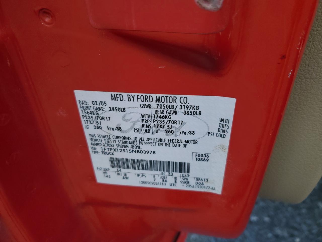 2005 Ford F150 VIN: 1FTPX12515NB03978 Lot: 82320685