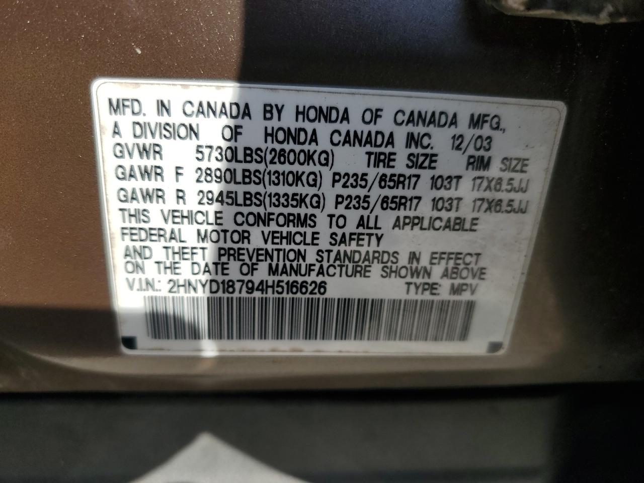 2004 Acura Mdx Touring VIN: 2HNYD18794H516626 Lot: 84609185