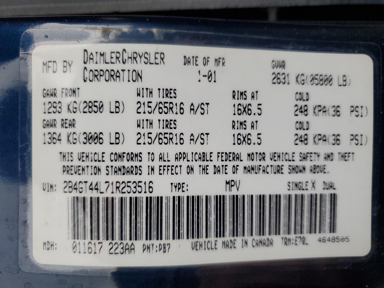 2001 Dodge Grand Caravan Sport VIN: 2B4GT44L71R253516 Lot: 87467985