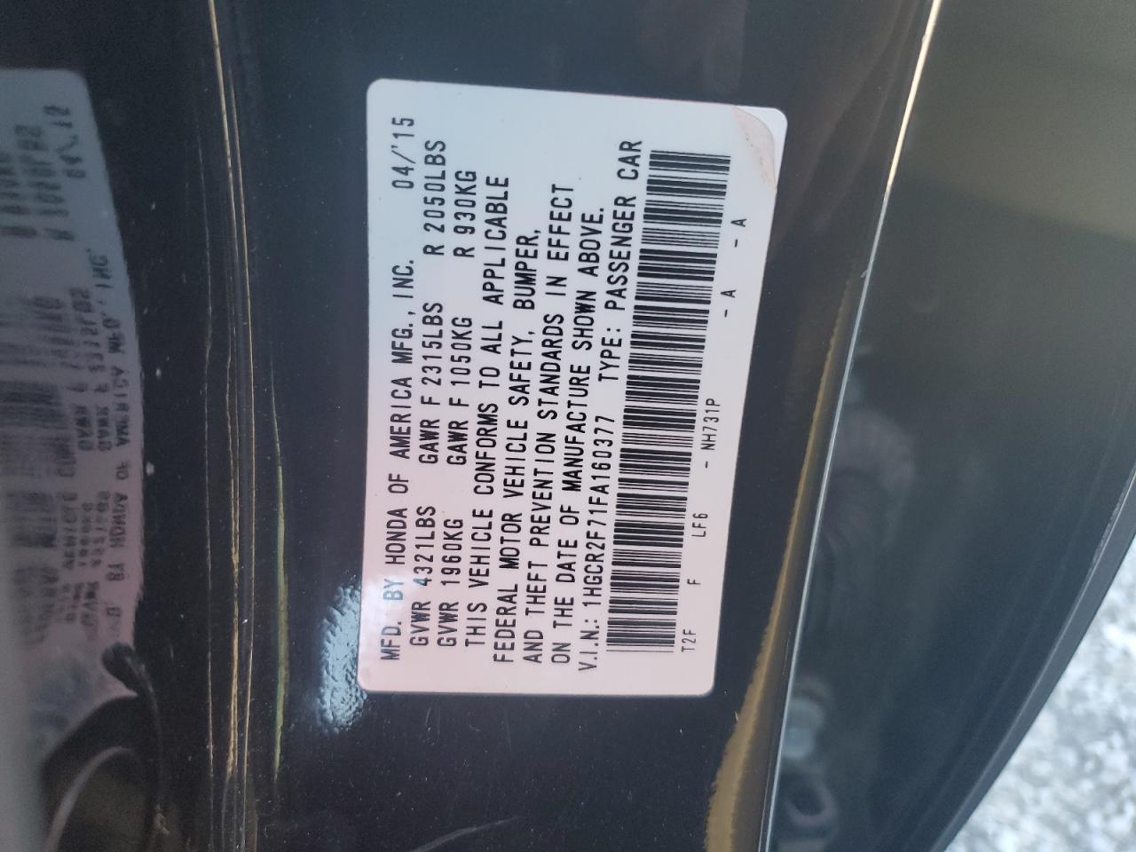 2015 Honda Accord Ex VIN: 1HGCR2F71FA160377 Lot: 82253275