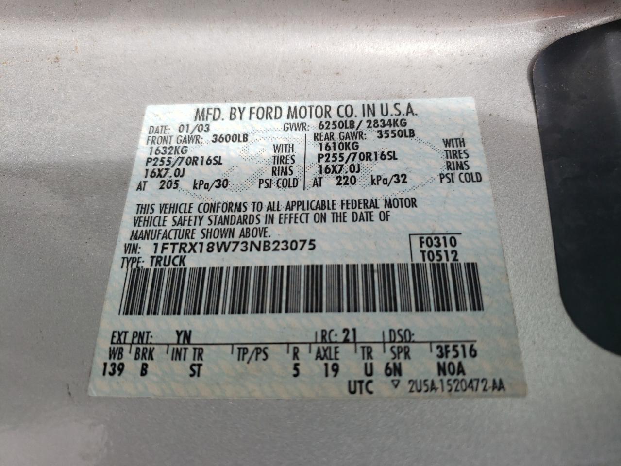 2003 Ford F150 VIN: 1FTRX18W73NB23075 Lot: 82234535