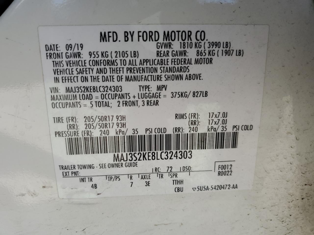 2020 Ford Ecosport Titanium VIN: MAJ3S2KE8LC324303 Lot: 90360305