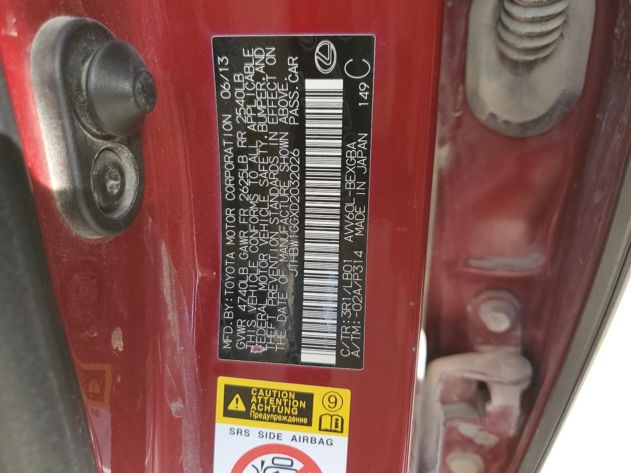 2013 Lexus Es 300H VIN: JTHBW1GGXD2032026 Lot: 85312285