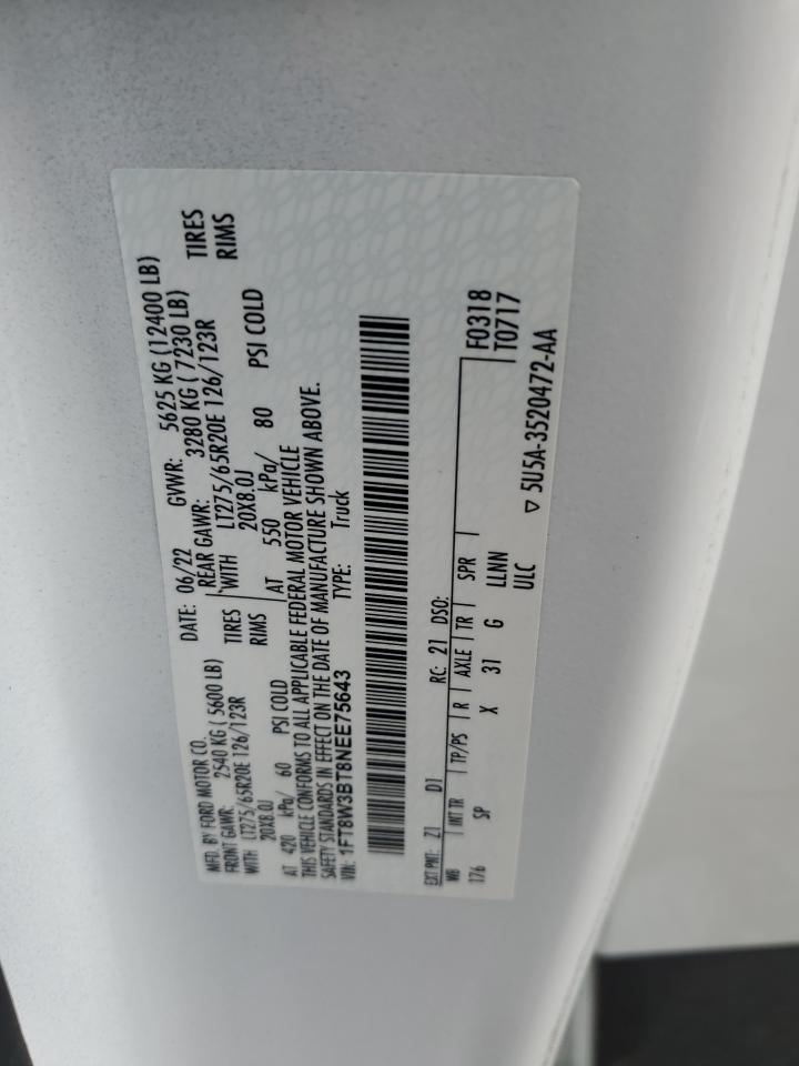 2022 Ford F350 Super Duty VIN: 1FT8W3BT8NEE75643 Lot: 84937635