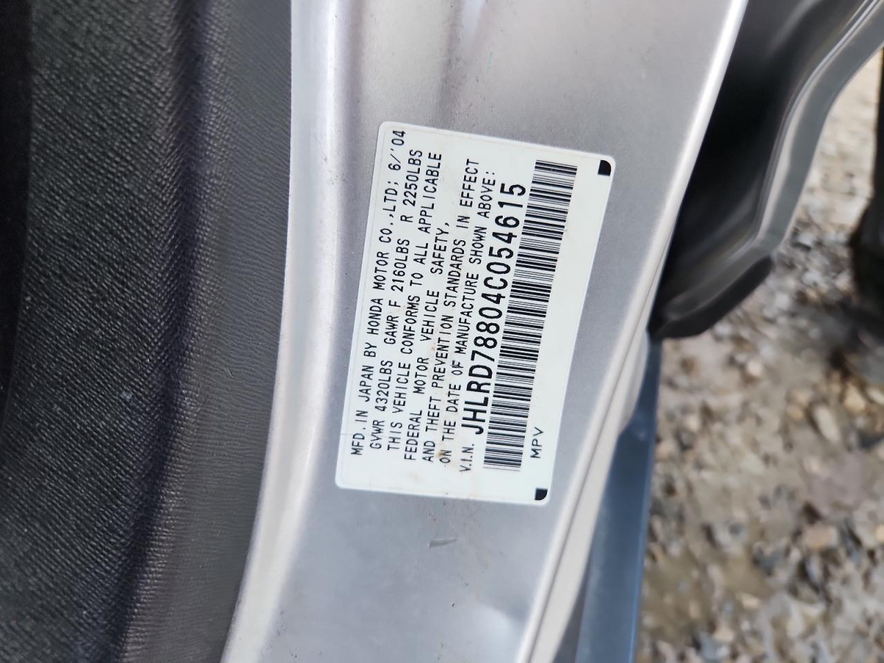 2004 Honda Cr-V Ex VIN: JHLRD78804C054615 Lot: 86259055