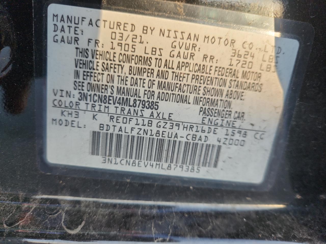 2021 Nissan Versa Sv VIN: 3N1CN8EV4ML879385 Lot: 85654295