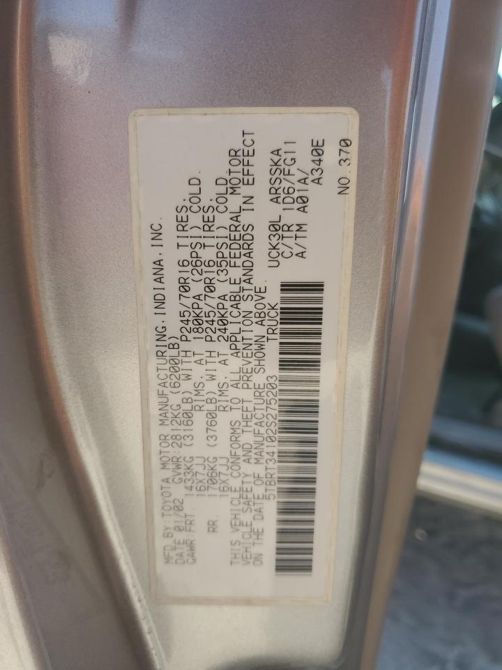 2002 Toyota Tundra Access Cab VIN: 5TBRT34102S275203 Lot: 82645835