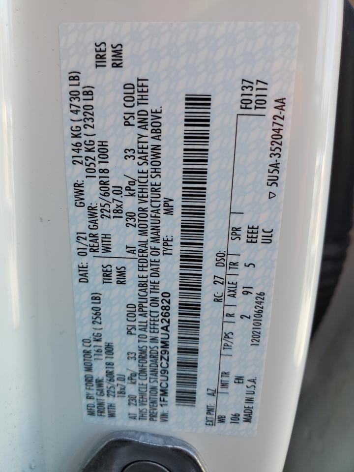 2021 Ford Escape Sel VIN: 1FMCU9CZ9MUA26820 Lot: 85759445