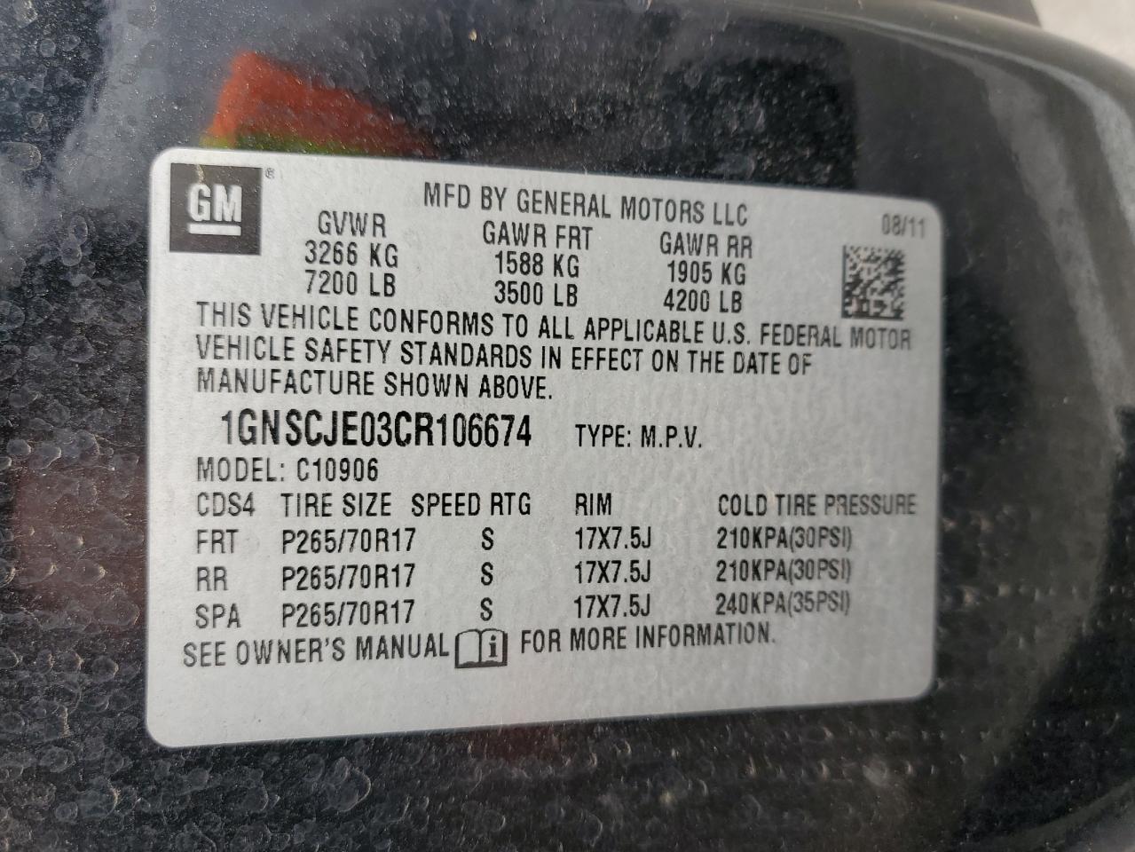 2012 Chevrolet Suburban C1500 Lt VIN: 1GNSCJE03CR106674 Lot: 82184705