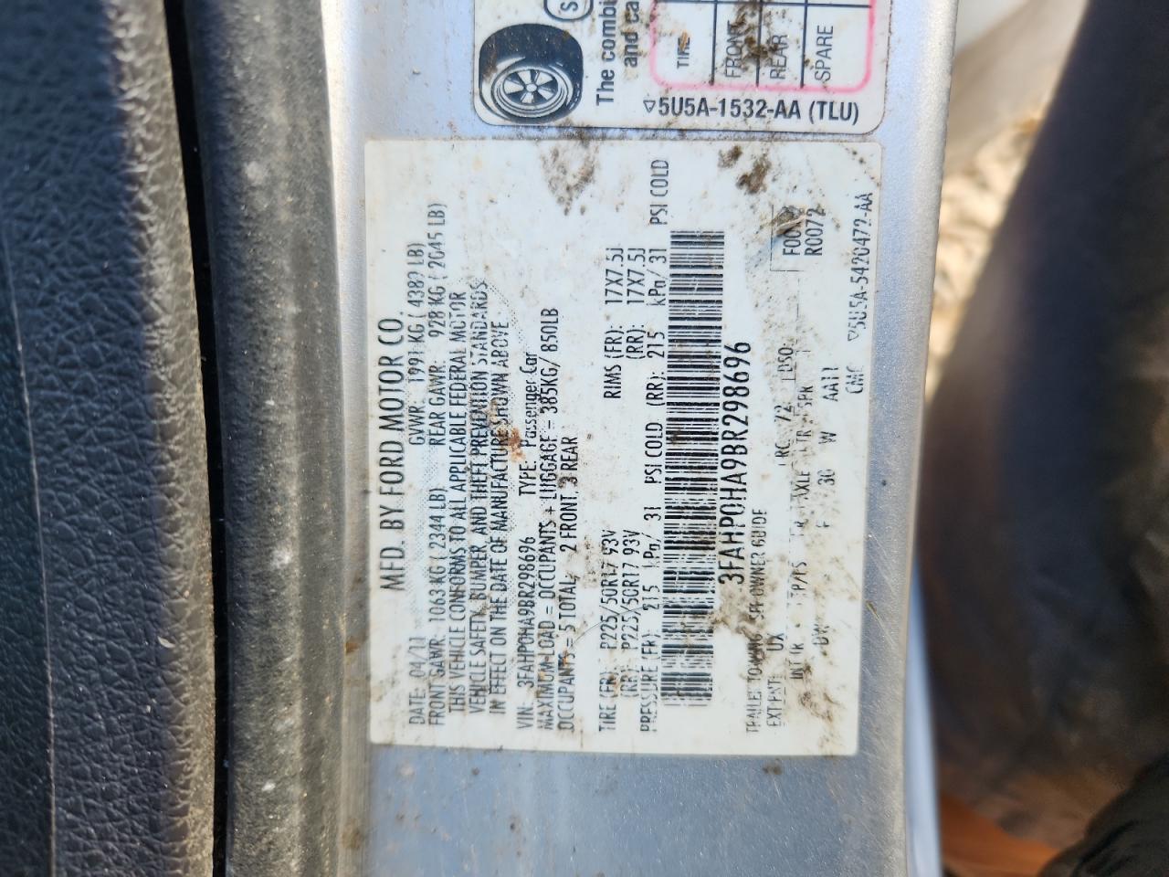 2011 Ford Fusion Se VIN: 3FAHP0HA9BR298696 Lot: 84815485