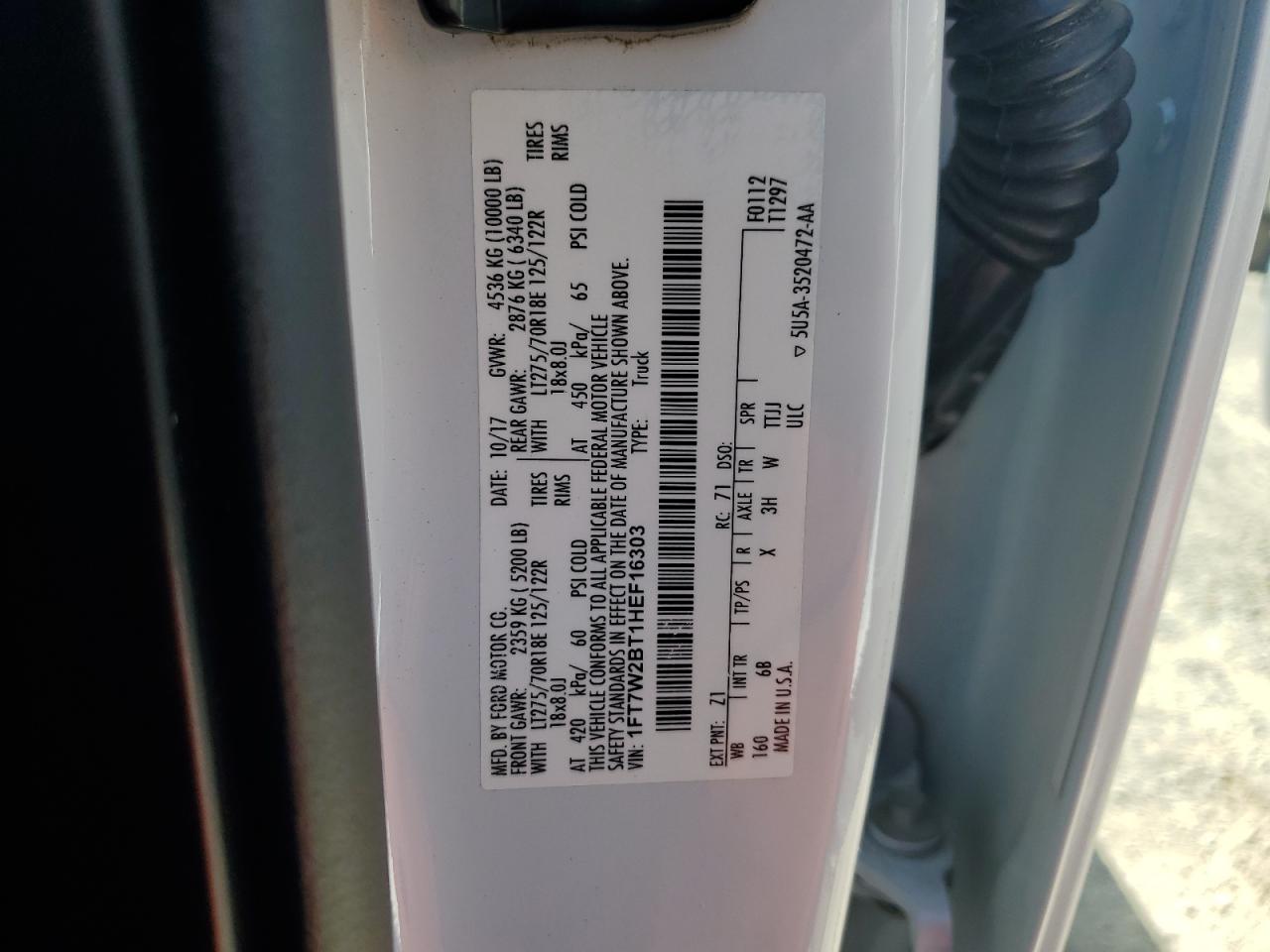 2017 Ford F250 Super Duty VIN: 1FT7W2BT1HEF16303 Lot: 89493655