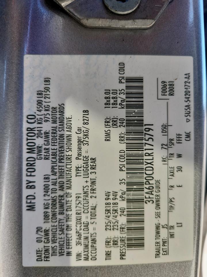 2020 Ford Fusion Sel VIN: 3FA6P0CDXLR175791 Lot: 86079005