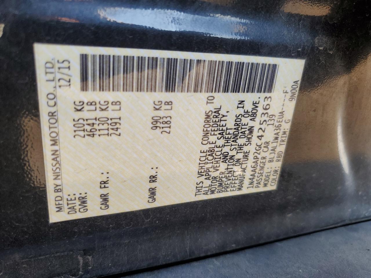 2016 Nissan Maxima 3.5S VIN: 1N4AA6AP2GC425363 Lot: 85860565