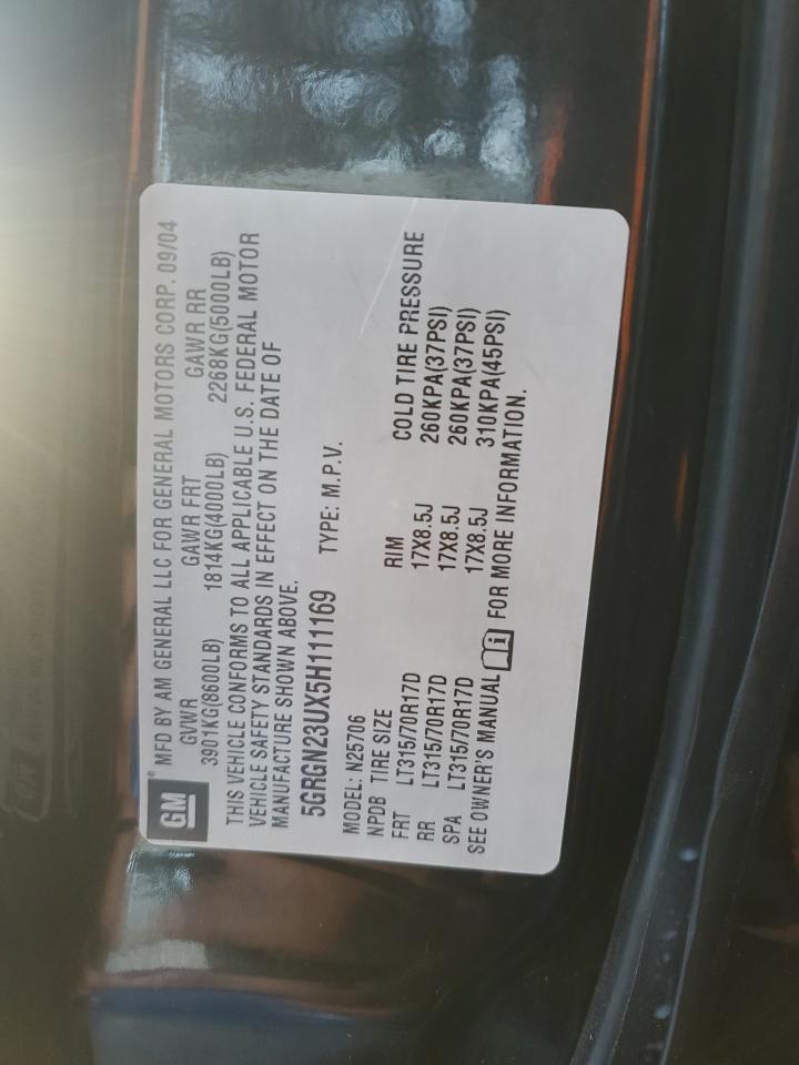 2005 Hummer H2 VIN: 5GRGN23UX5H111169 Lot: 87065545