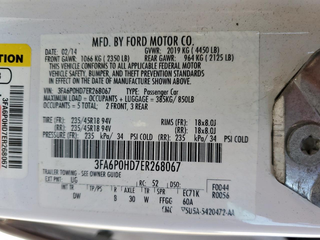 2014 Ford Fusion Se VIN: 3FA6P0HD7ER268067 Lot: 84778075