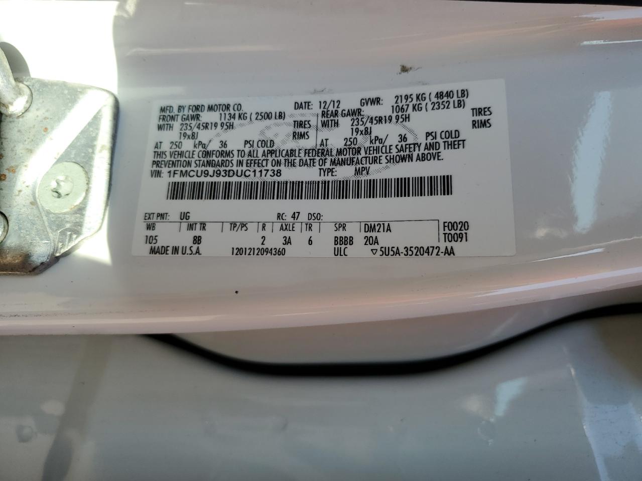 2013 Ford Escape Titanium VIN: 1FMCU9J93DUC11738 Lot: 81939845