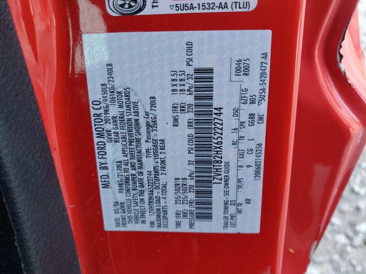 2006 Ford Mustang Gt VIN: 1ZVHT82HX65222744 Lot: 89686605