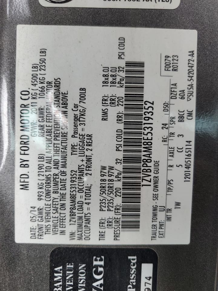 2014 Ford Mustang VIN: 1ZVBP8AM8E5319352 Lot: 85327865