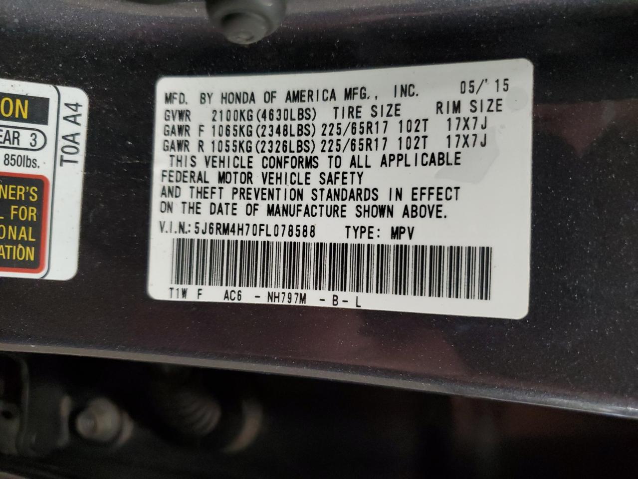 2015 Honda Cr-V Exl VIN: 5J6RM4H70FL078588 Lot: 90543645