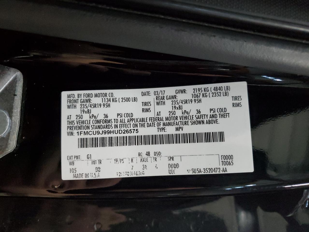 2017 Ford Escape Titanium VIN: 1FMCU9J99HUD26575 Lot: 85547065