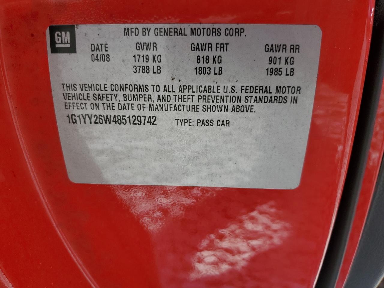2008 Chevrolet Corvette VIN: 1G1YY26W485129742 Lot: 82234635