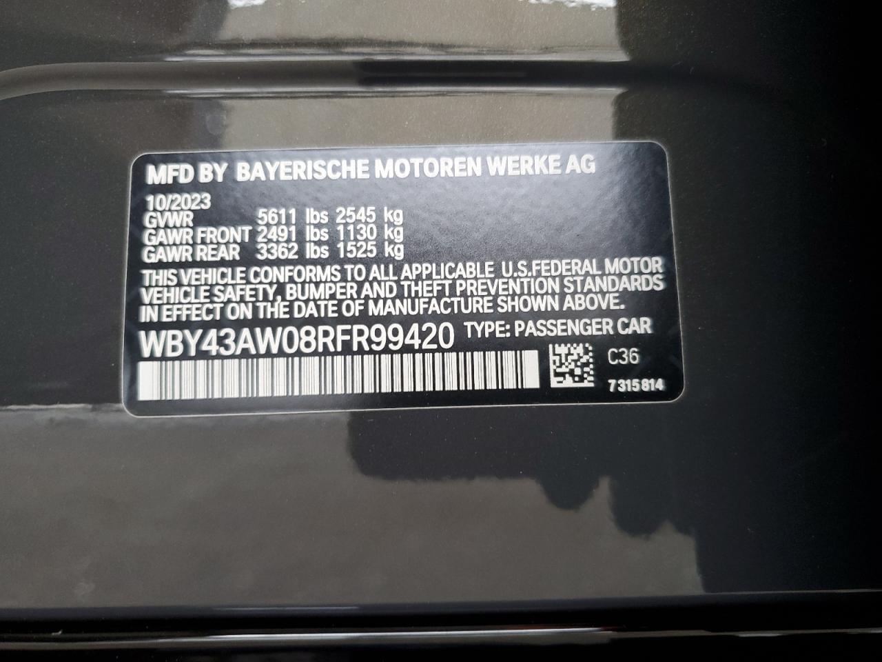 2024 BMW I4 Edrive 35 VIN: WBY43AW08RFR99420 Lot: 86713115
