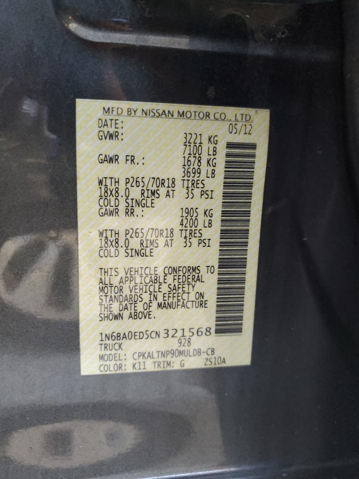 2012 Nissan Titan S VIN: 1N6BA0ED5CN321568 Lot: 85763585