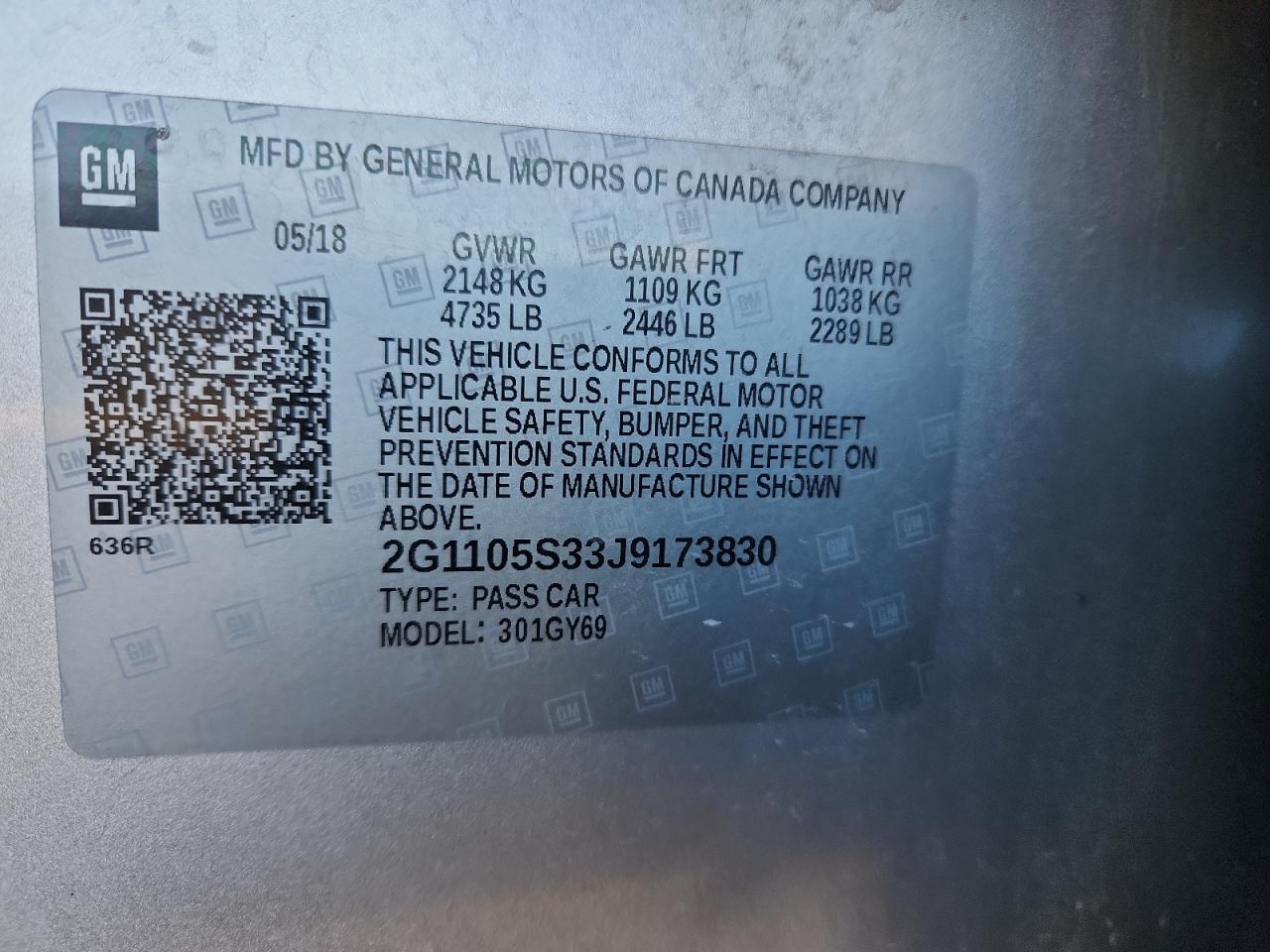 2018 Chevrolet Impala Lt VIN: 2G1105S33J9173830 Lot: 82319185