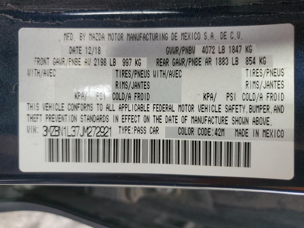 2018 Mazda 3 Touring VIN: 3MZBN1L37JM272921 Lot: 85179815