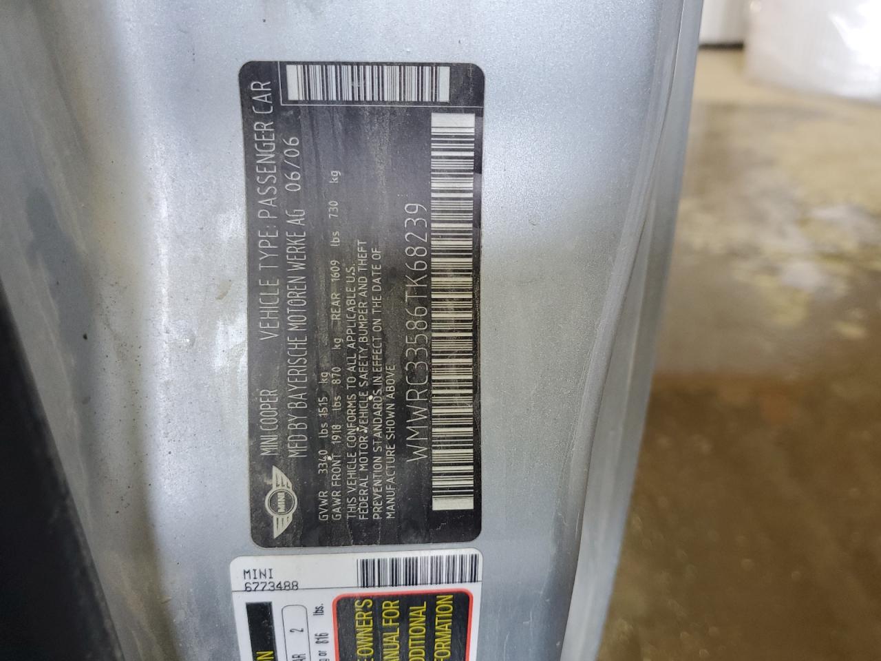 2006 Mini Cooper VIN: WMWRC33586TK68239 Lot: 82333855
