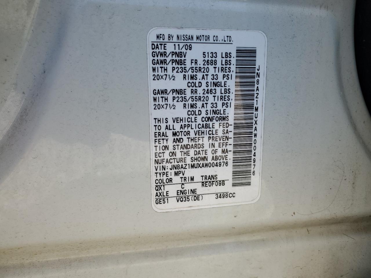 2010 Nissan Murano S VIN: JN8AZ1MUXAW004976 Lot: 84558565