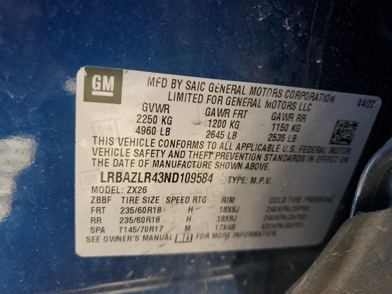 2022 Buick Envision Preferred VIN: LRBAZLR43ND109584 Lot: 82401855