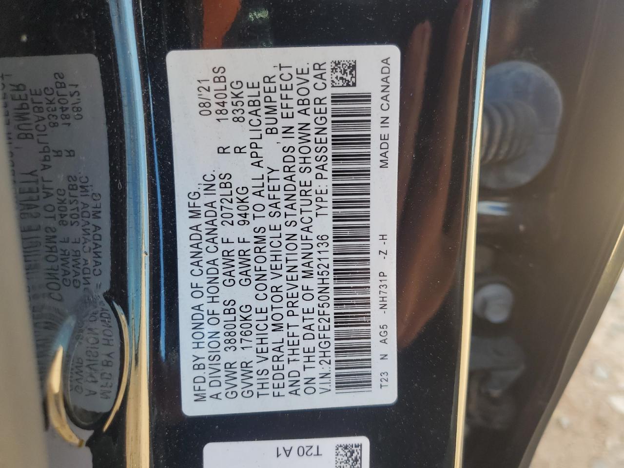 2022 Honda Civic Sport VIN: 2HGFE2F50NH521136 Lot: 85914415