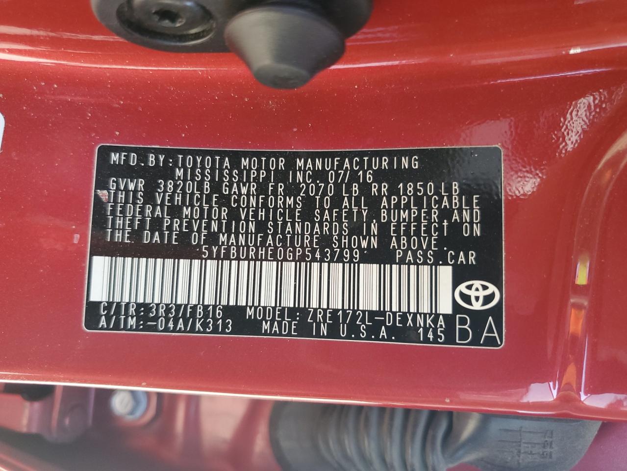 2016 Toyota Corolla L VIN: 5YFBURHE0GP543799 Lot: 86146305