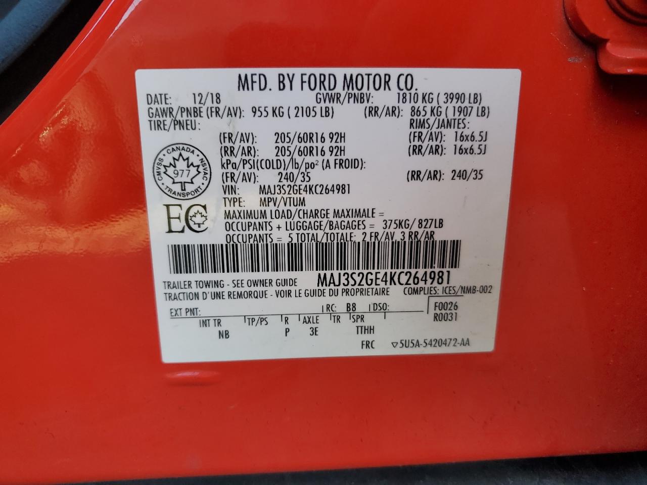 2019 Ford Ecosport Se VIN: MAJ3S2GE4KC264981 Lot: 90263405