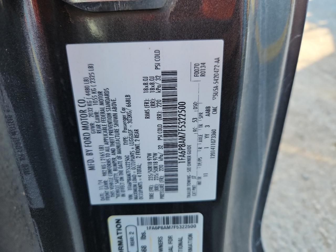 2015 Ford Mustang VIN: 1FA6P8AM7F5322500 Lot: 82329055