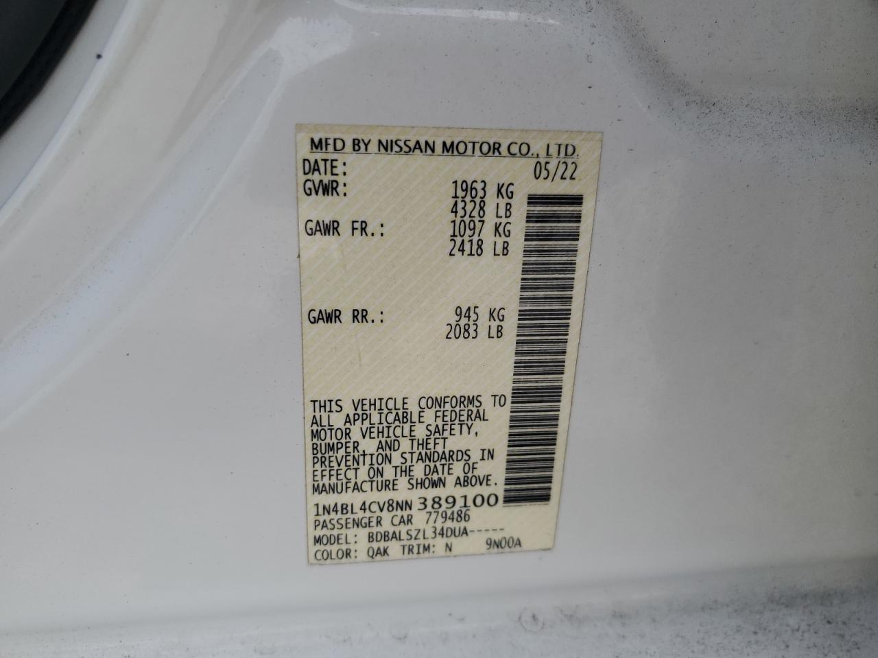 2022 Nissan Altima Sr VIN: 1N4BL4CV8NN389100 Lot: 82179525