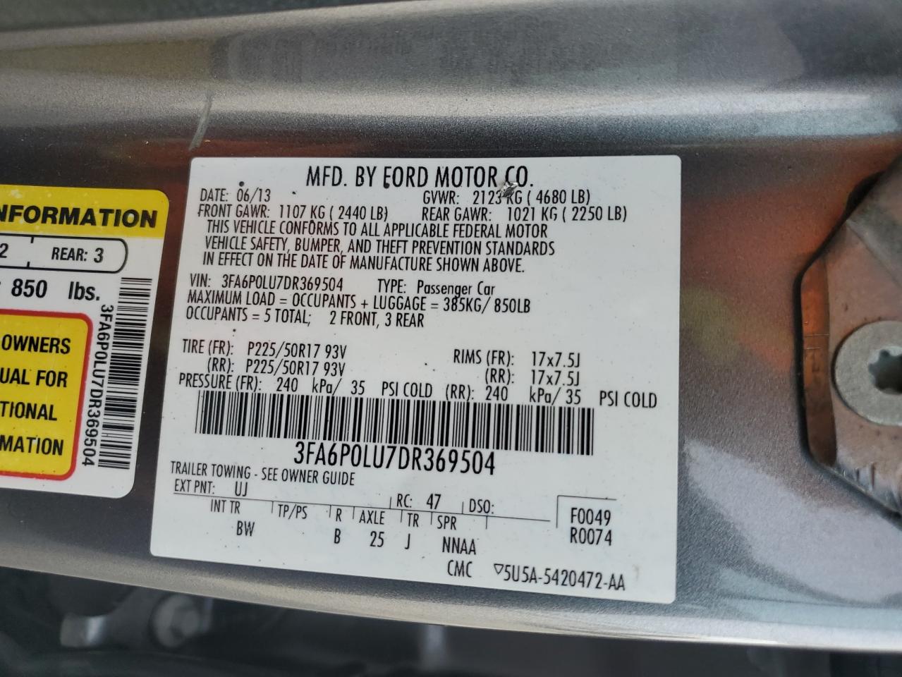 2013 Ford Fusion Se Hybrid VIN: 3FA6P0LU7DR369504 Lot: 86280335