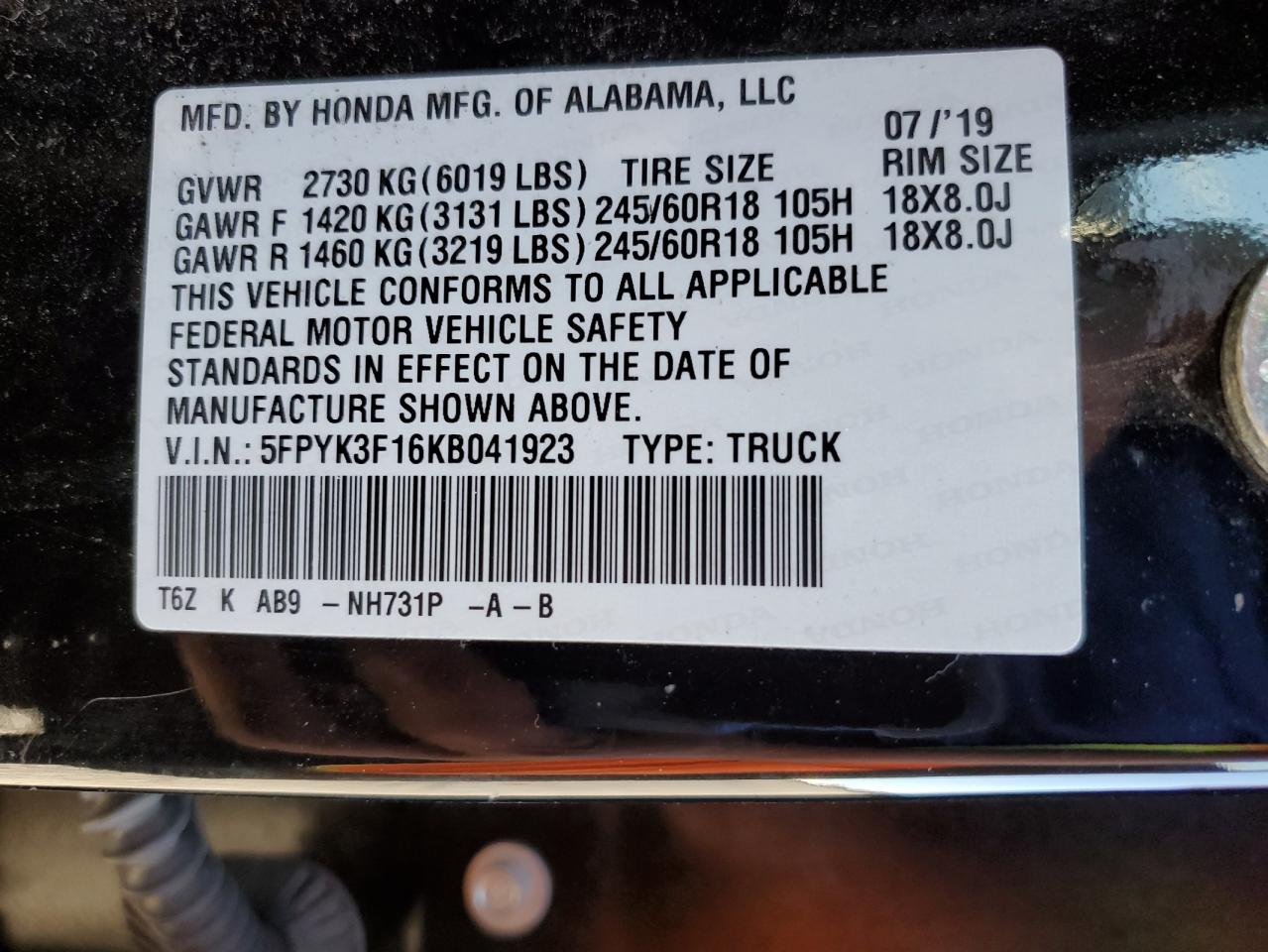 2019 Honda Ridgeline Sport VIN: 5FPYK3F16KB041923 Lot: 85923695