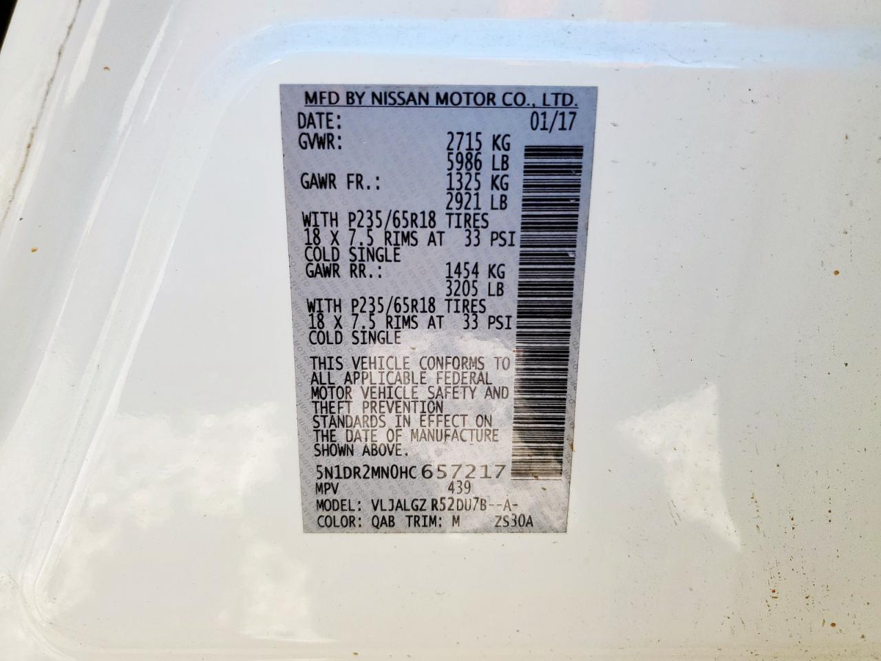 2017 Nissan Pathfinder S VIN: 5N1DR2MN0HC657217 Lot: 85732735