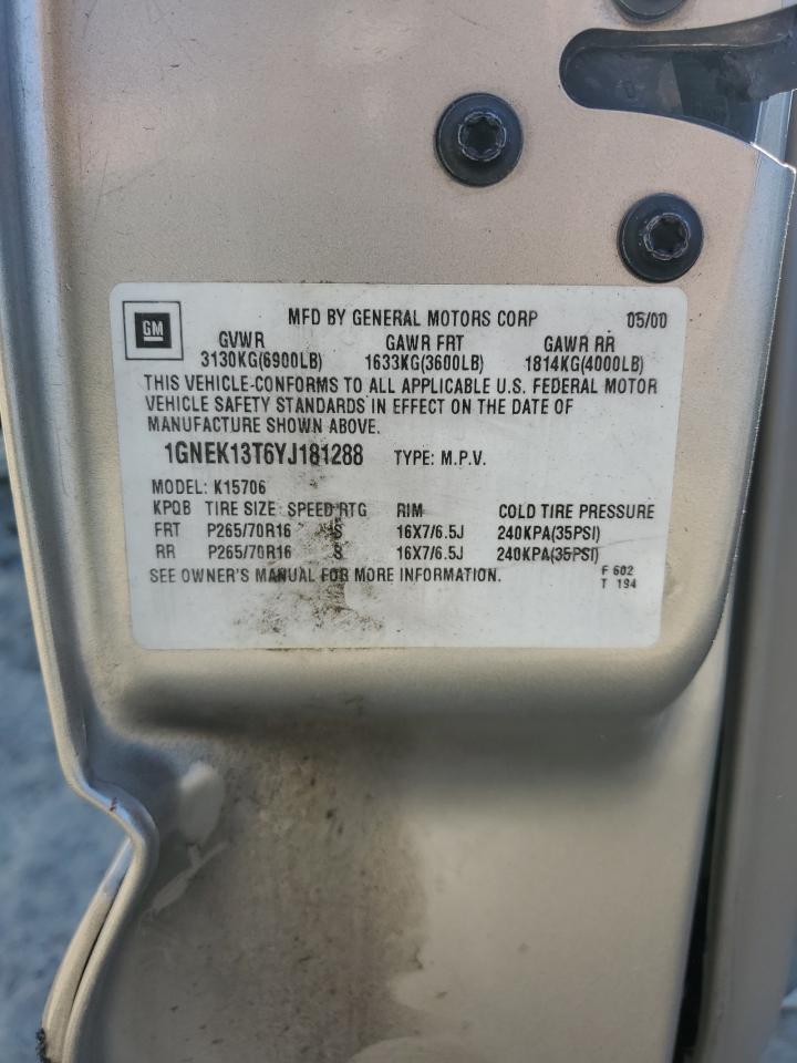 2000 Chevrolet Tahoe K1500 VIN: 1GNEK13T6YJ181288 Lot: 82666775