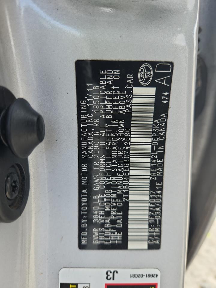 2011 Toyota Corolla Base VIN: 2T1BU4EE6BC742680 Lot: 82403635