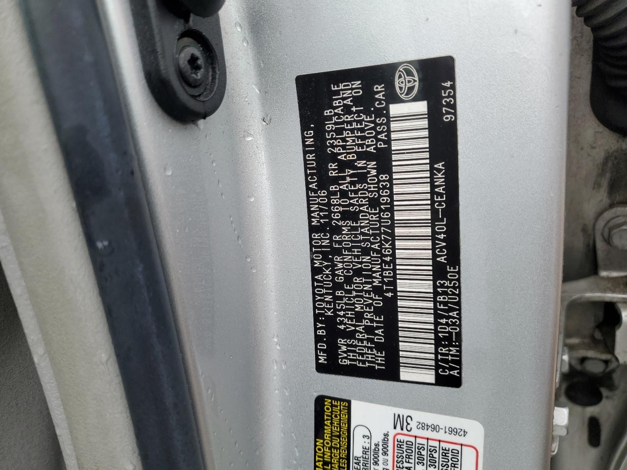 2007 Toyota Camry Ce VIN: 4T1BE46K77U619638 Lot: 85273175