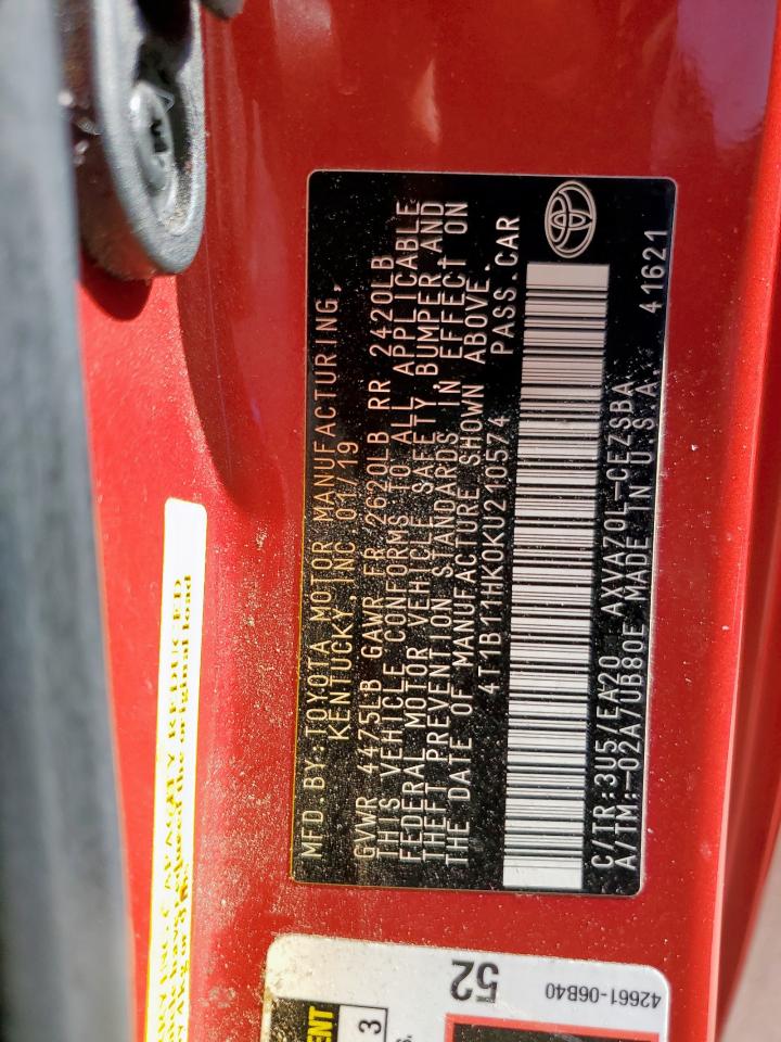 2019 Toyota Camry L VIN: 4T1B11HK0KU210574 Lot: 85492845