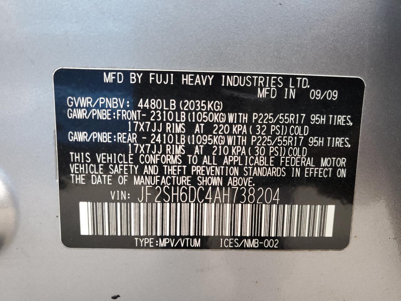 2010 Subaru Forester 2.5X Limited VIN: JF2SH6DC4AH738204 Lot: 87219445