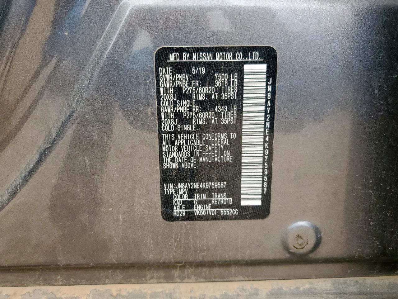 2019 Nissan Armada Platinum VIN: JN8AY2NE4K9759587 Lot: 86114345