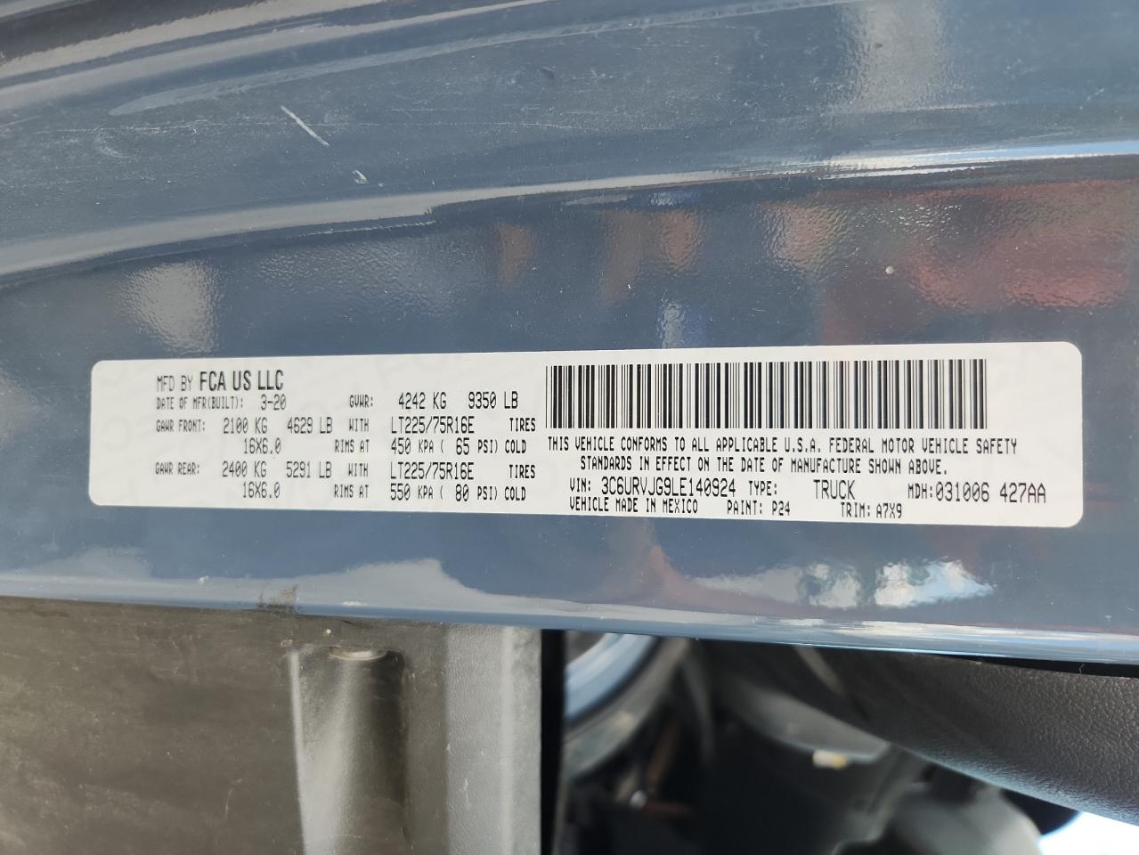 2020 Ram Promaster 3500 3500 High VIN: 3C6URVJG9LE140924 Lot: 84904405