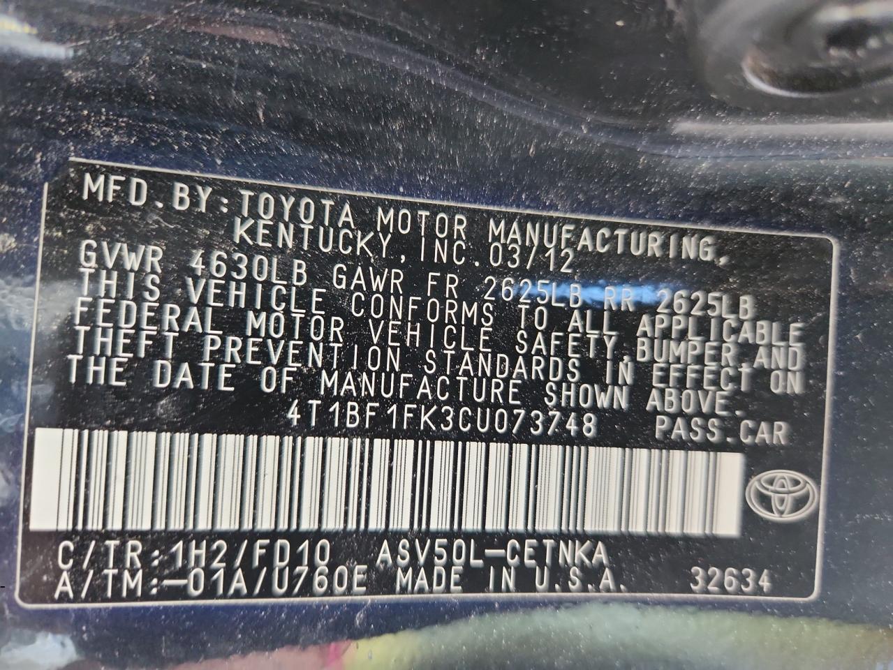 2012 Toyota Camry Base VIN: 4T1BF1FK3CU073748 Lot: 86144185