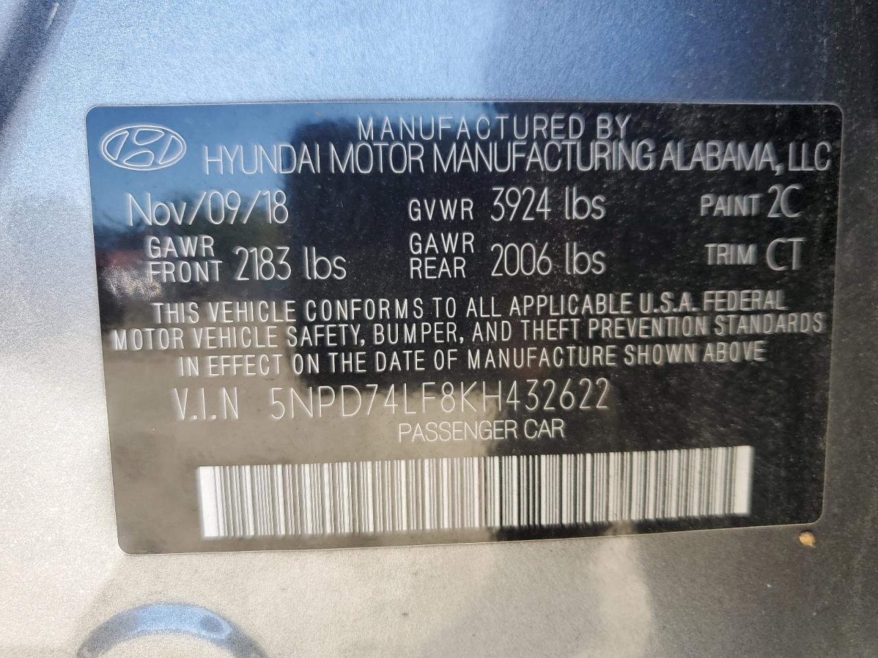 2019 Hyundai Elantra Se VIN: 5NPD74LF8KH432622 Lot: 85522295